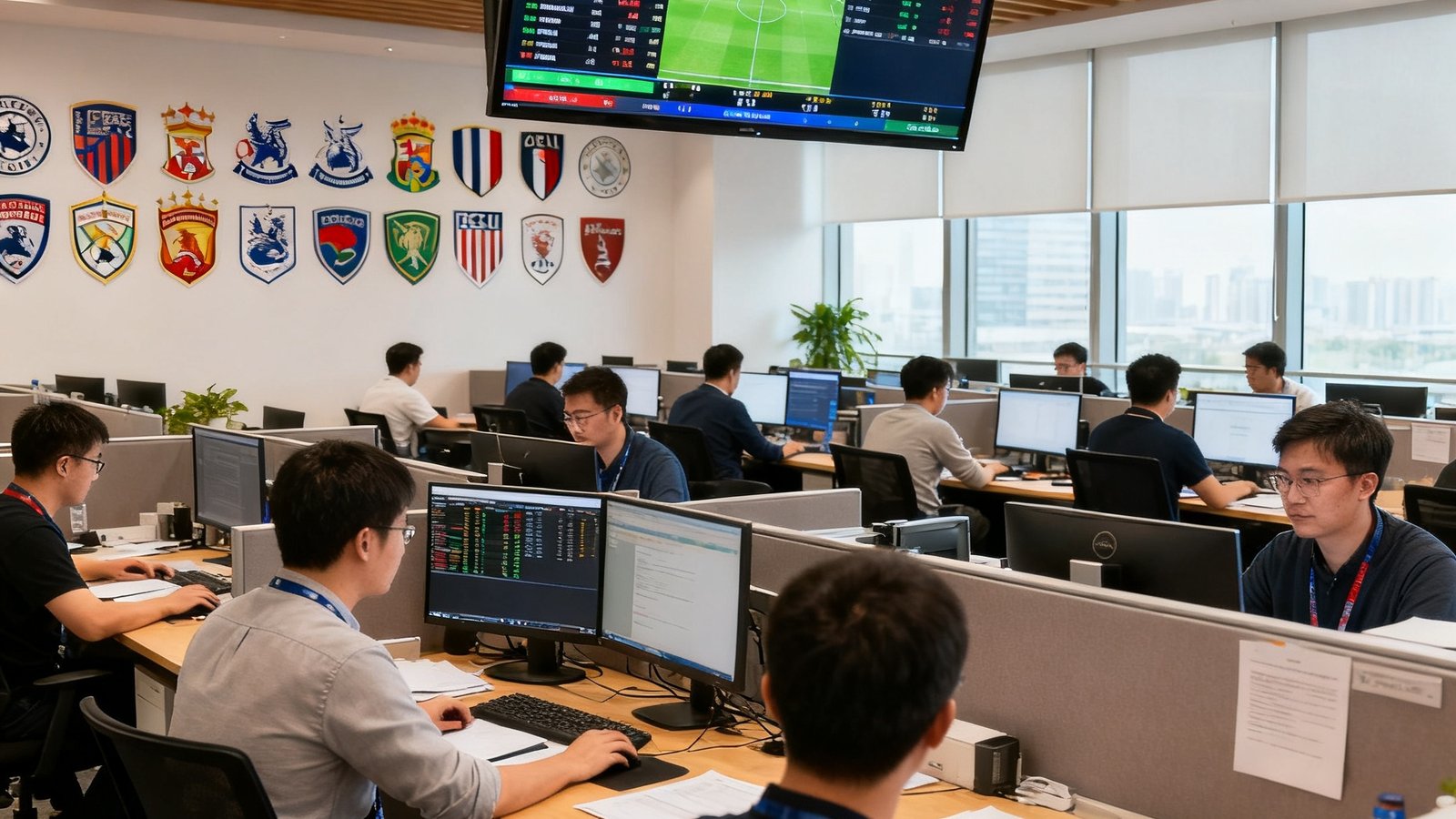 探球网上海办公室实景拍摄，开放办公区中央悬挂着实时赛事数据大屏，数十名数据分析师和工程师在工位上专注工作，墙上贴满了各联赛球队标志
