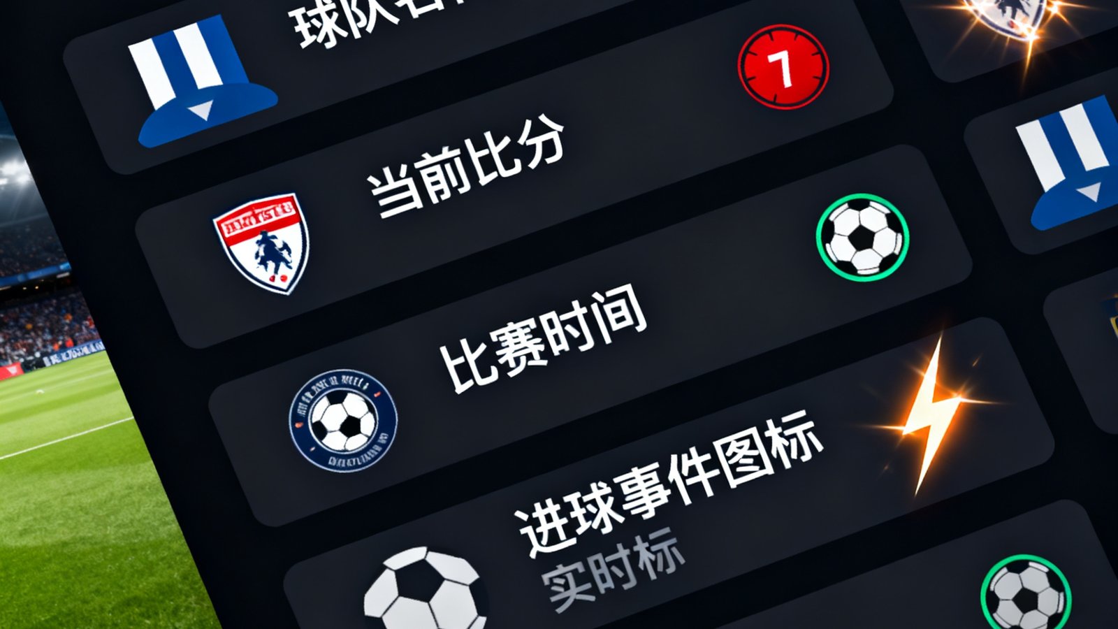 探球网闪电比分界面截图，展示深色主题下滚动更新的实时比分数据面板，包含球队名称、当前比分、比赛时间、进球事件图标和闪烁的闪电推送标识